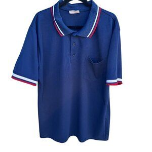 Teamwork Athletic Apparel Vintage Blue Polo Shirt Red White Stripe Collar Sleeve